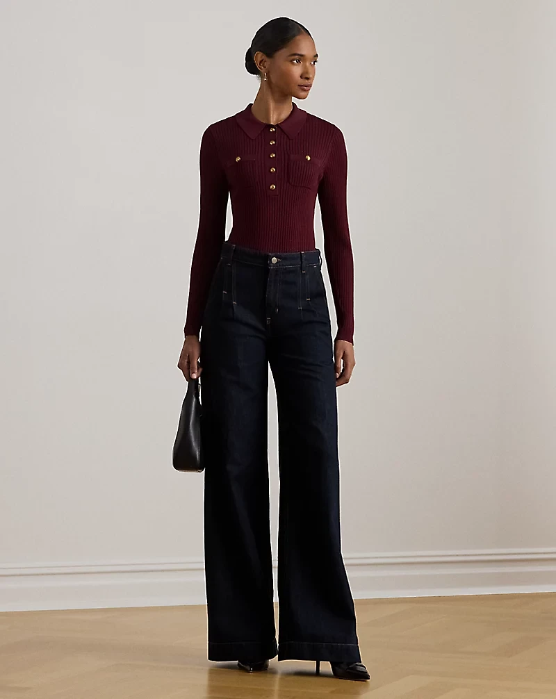 Rib-Knit Long-Sleeve Polo Sweater