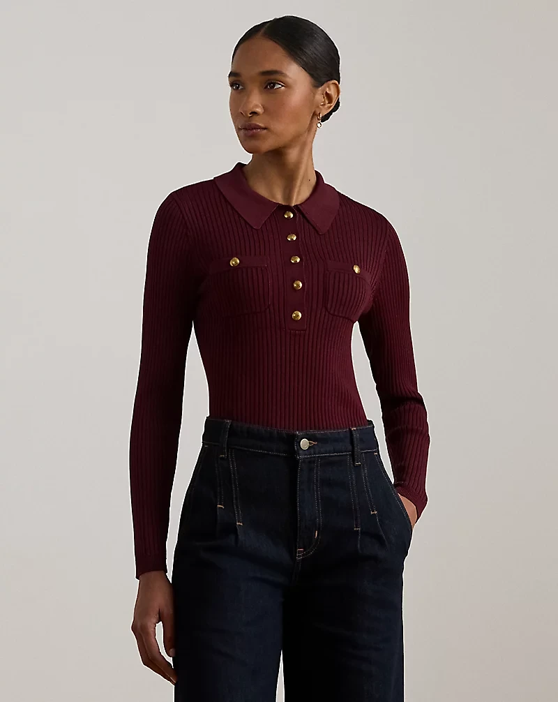 Rib-Knit Long-Sleeve Polo Sweater