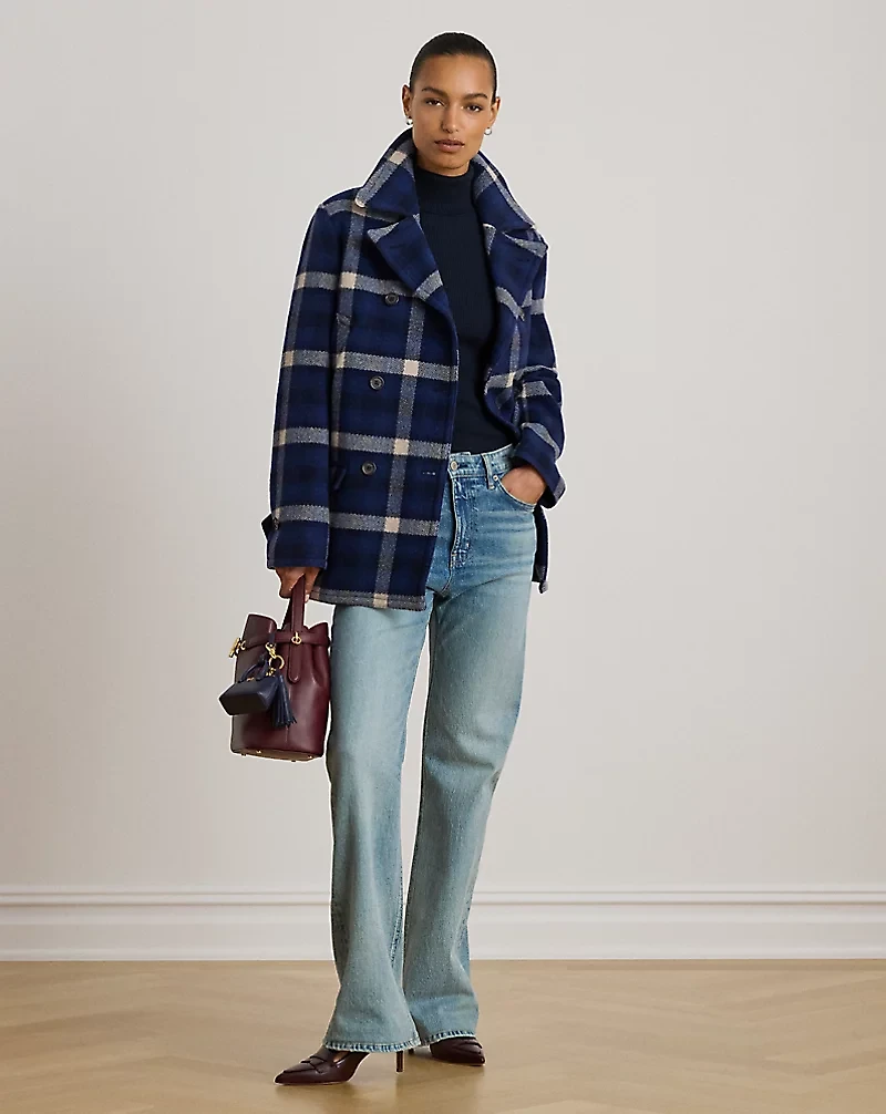 Double-Breasted Plaid Tweed Coat