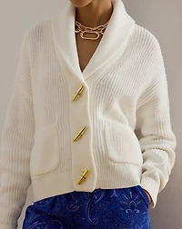 Rib-Knit Shawl-Collar Toggle Cardigan