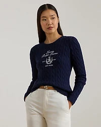 Embroidered-Crest Cable-Knit Sweater