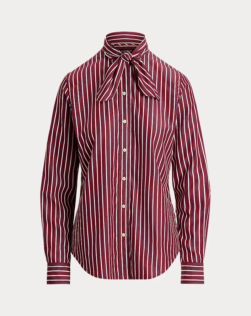 Striped Cotton Broadcloth Tie-Neck Shirt