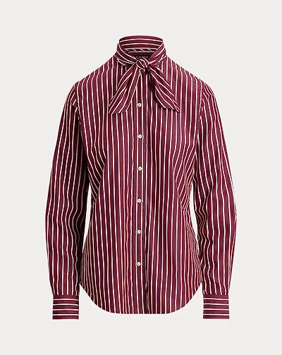 Striped Cotton Broadcloth Tie-Neck Shirt