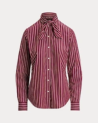 Striped Cotton Broadcloth Tie-Neck Shirt