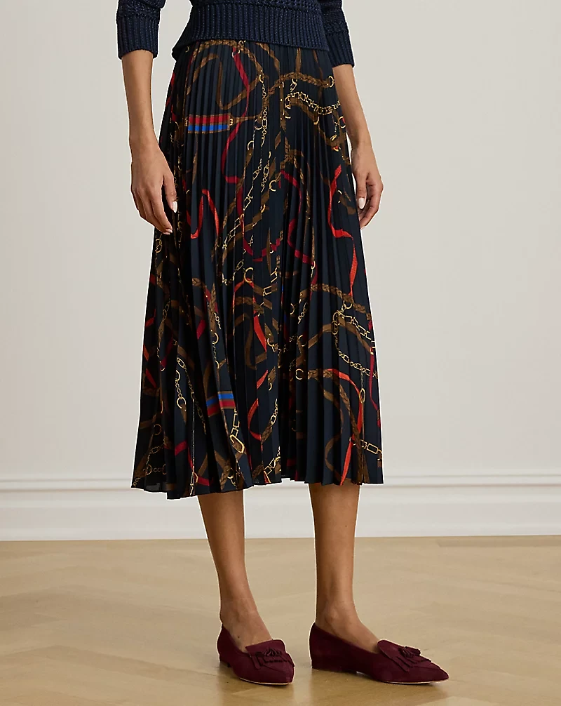 Belting-Print Pleated Georgette Skirt