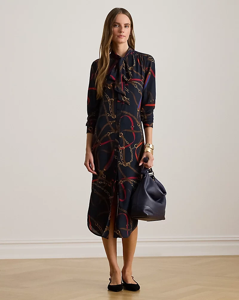 Print Georgette Tie-Neck Shirtdress