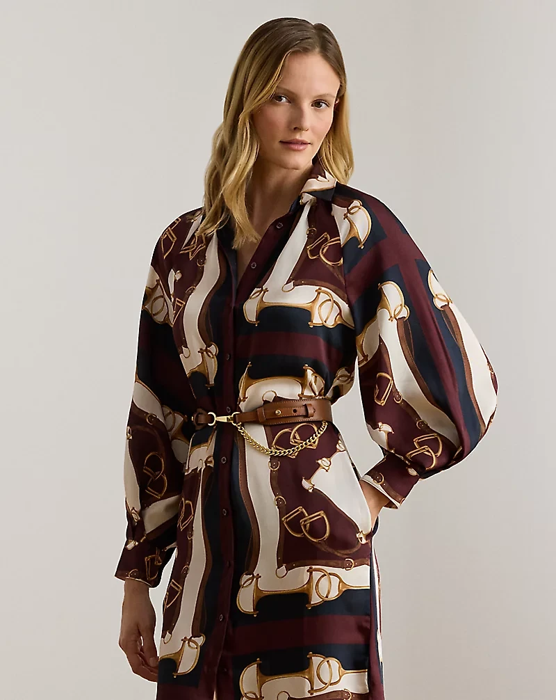 Equestrian-Print Twill Midi Shirtdress