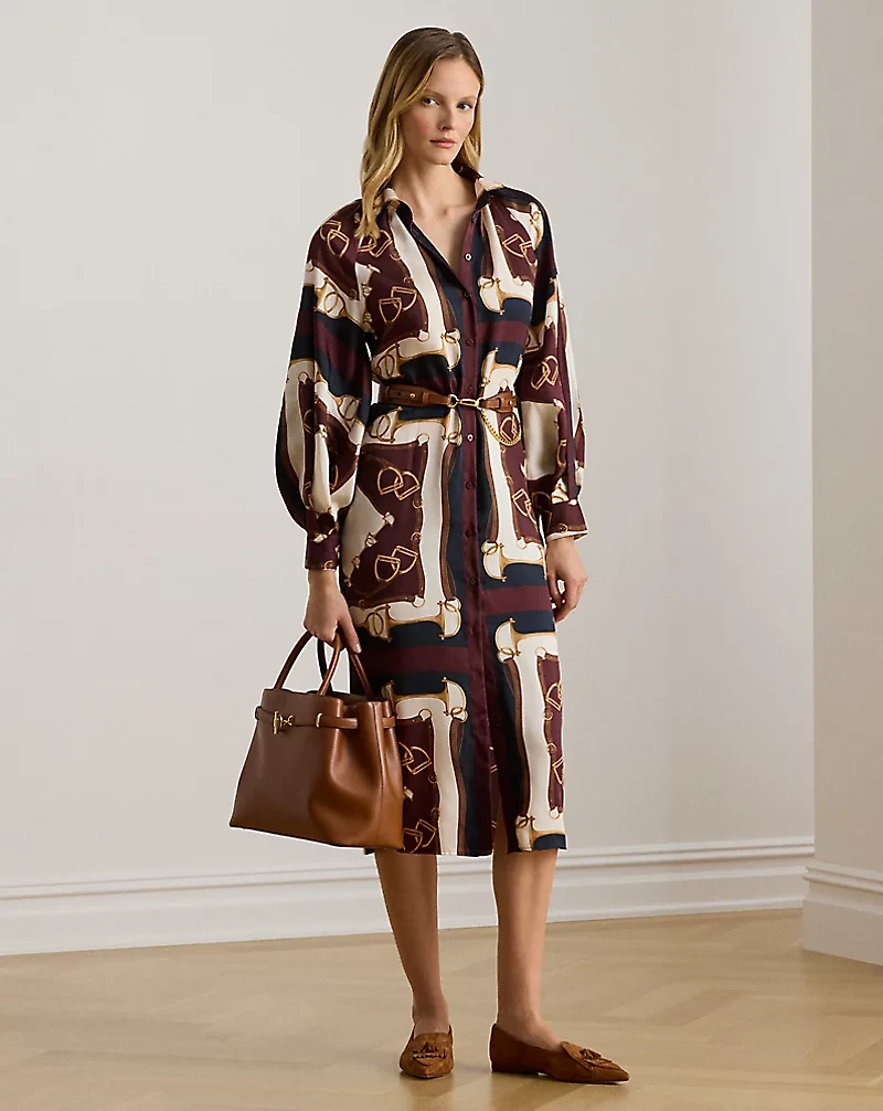 Equestrian-Print Twill Midi Shirtdress