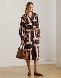 Equestrian-Print Twill Midi Shirtdress