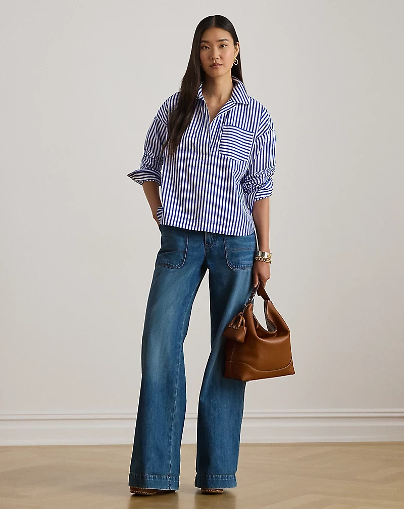 Striped Cotton Broadcloth Cropped Shirt