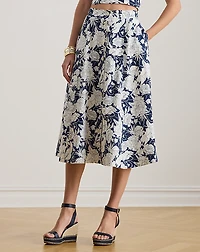 Floral Button-Front Linen Midi Skirt