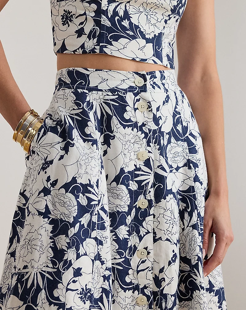 Floral Button-Front Linen Midi Skirt