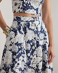 Floral Button-Front Linen Midi Skirt