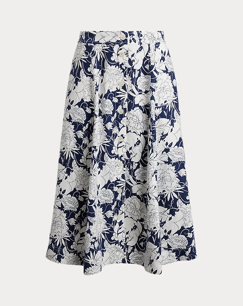 Floral Button-Front Linen Midi Skirt