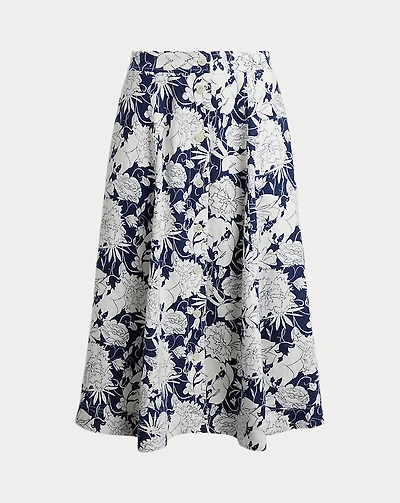 Floral Button-Front Linen Midi Skirt