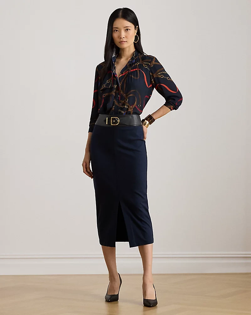Buckle-Trim Ponte Pencil Midi Skirt