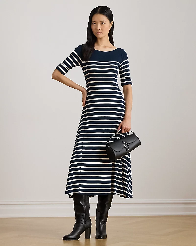 Striped Cotton Rib-Knit Midi Dress