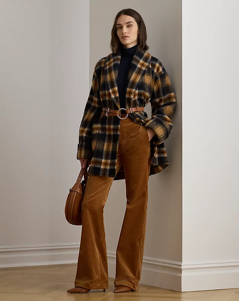 Plaid Wool-Blend Shawl-Collar Wrap Coat