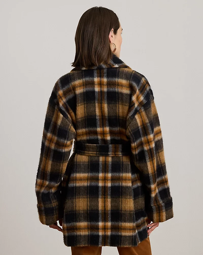 Plaid Wool-Blend Shawl-Collar Wrap Coat