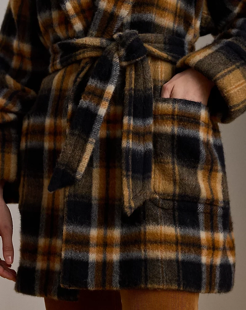 Plaid Wool-Blend Shawl-Collar Wrap Coat