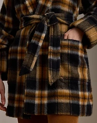 Plaid Wool-Blend Shawl-Collar Wrap Coat