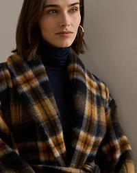Plaid Wool-Blend Shawl-Collar Wrap Coat