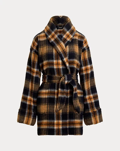 Plaid Wool-Blend Shawl-Collar Wrap Coat