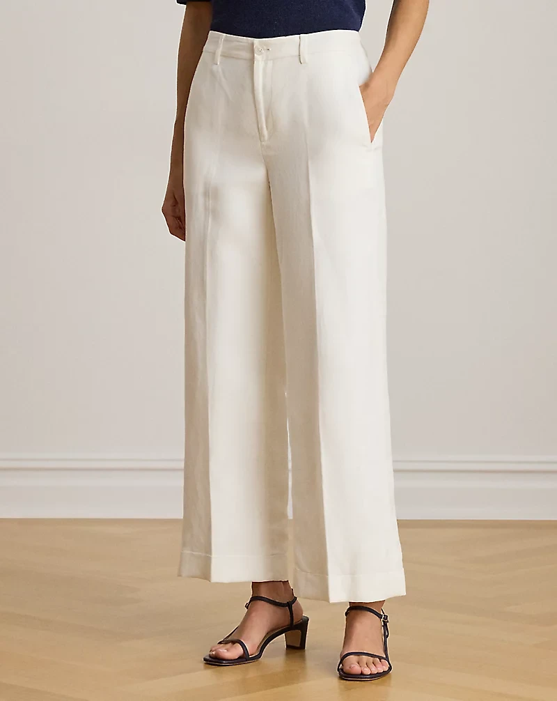 Linen-Blend Twill Wide-Leg Cropped Pant