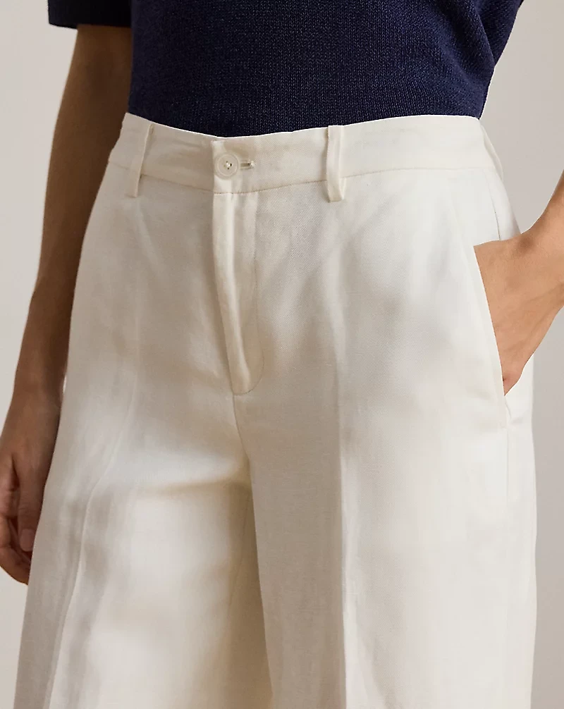 Linen-Blend Twill Wide-Leg Cropped Pant