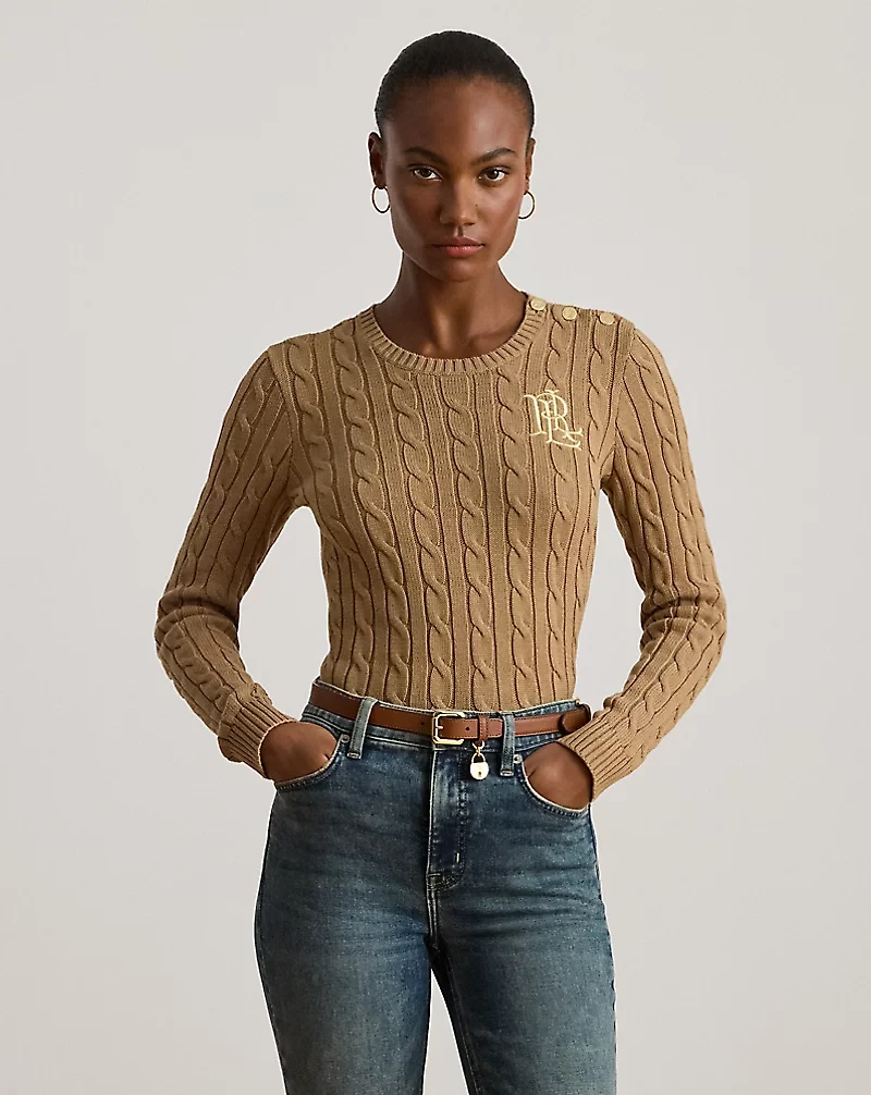 Button-Trim Cable-Knit Cotton Sweater
