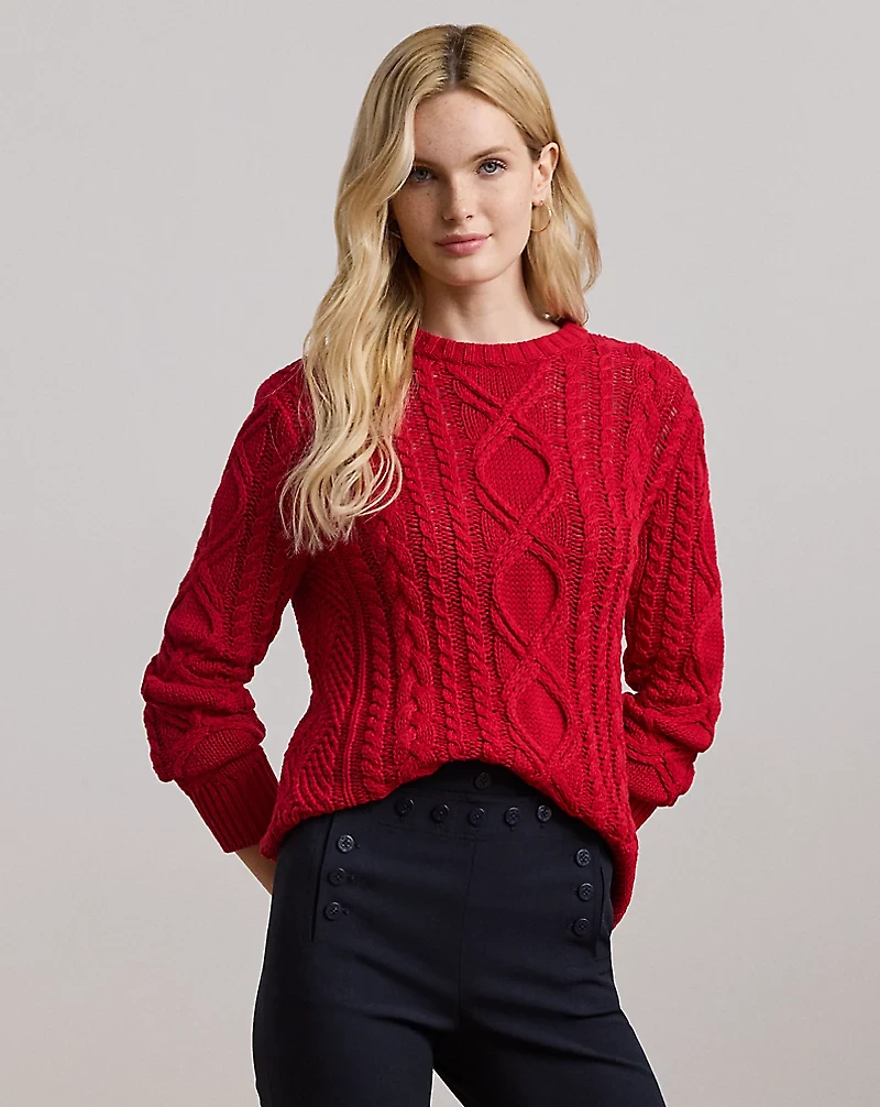 Aran-Knit Cotton-Blend Crewneck Sweater