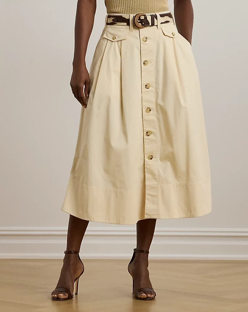 Button-Front Micro-Sanded Twill Skirt