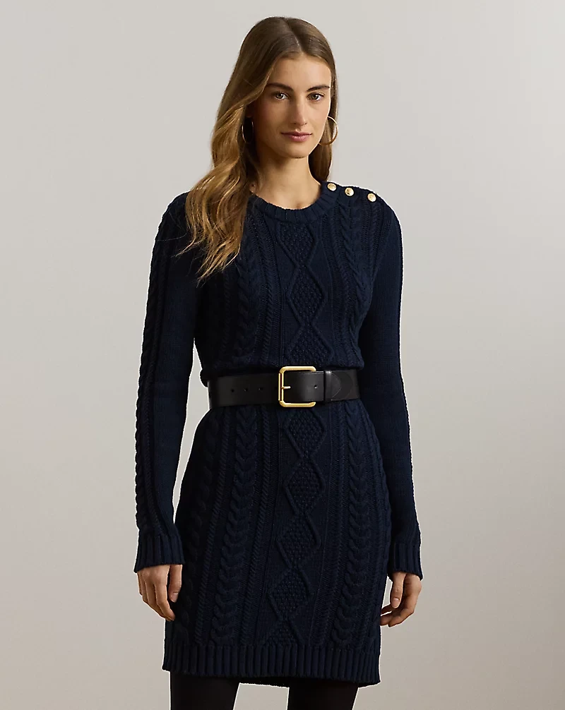 Button-Trim Aran-Knit Sweater Dress
