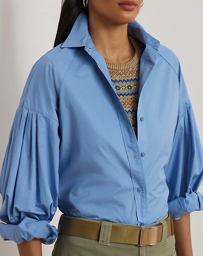 Cotton Poplin Blouson-Sleeve Shirt