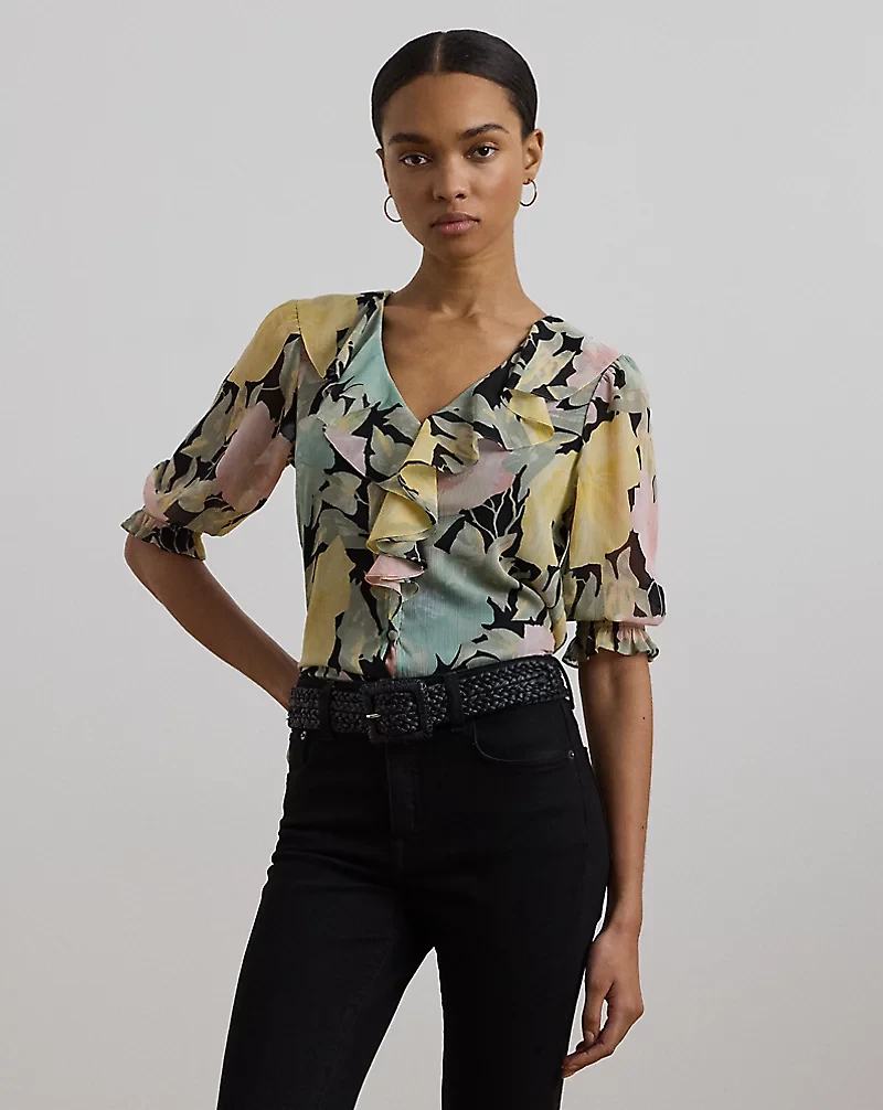 Floral Georgette Ruffle-Trim Blouse