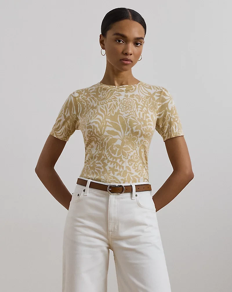 Floral Cotton-Blend Short-Sleeve Sweater