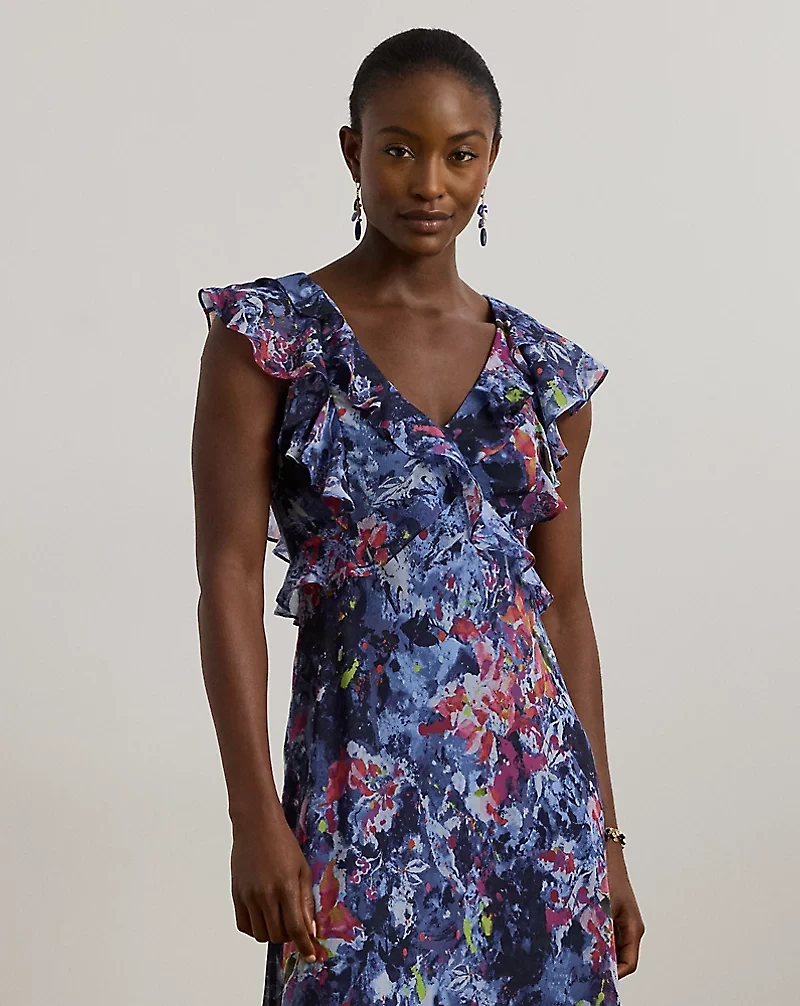 Print Ruffle-Trim Georgette Midi Dress