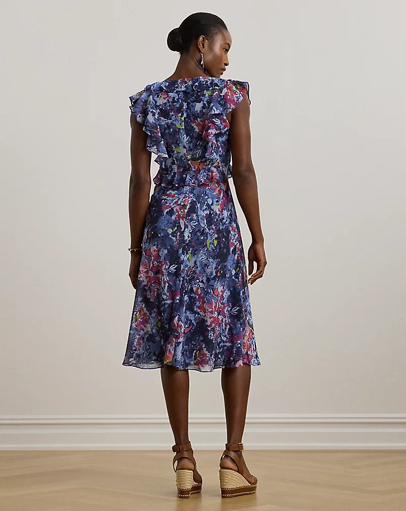 Print Ruffle-Trim Georgette Midi Dress