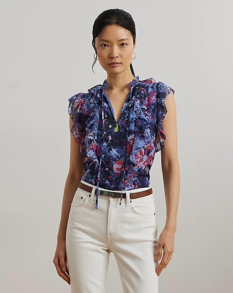 Print Ruffle-Trim Georgette Blouse