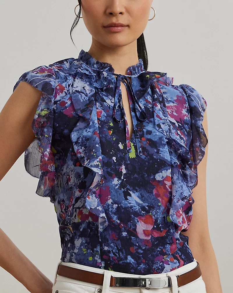 Print Ruffle-Trim Georgette Blouse