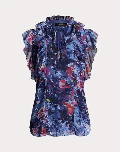 Print Ruffle-Trim Georgette Blouse