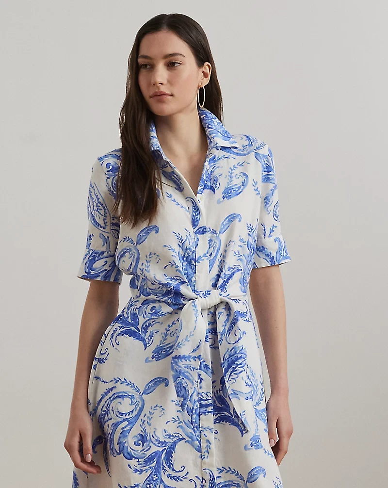 Paisley Tie-Front Linen Shirtdress