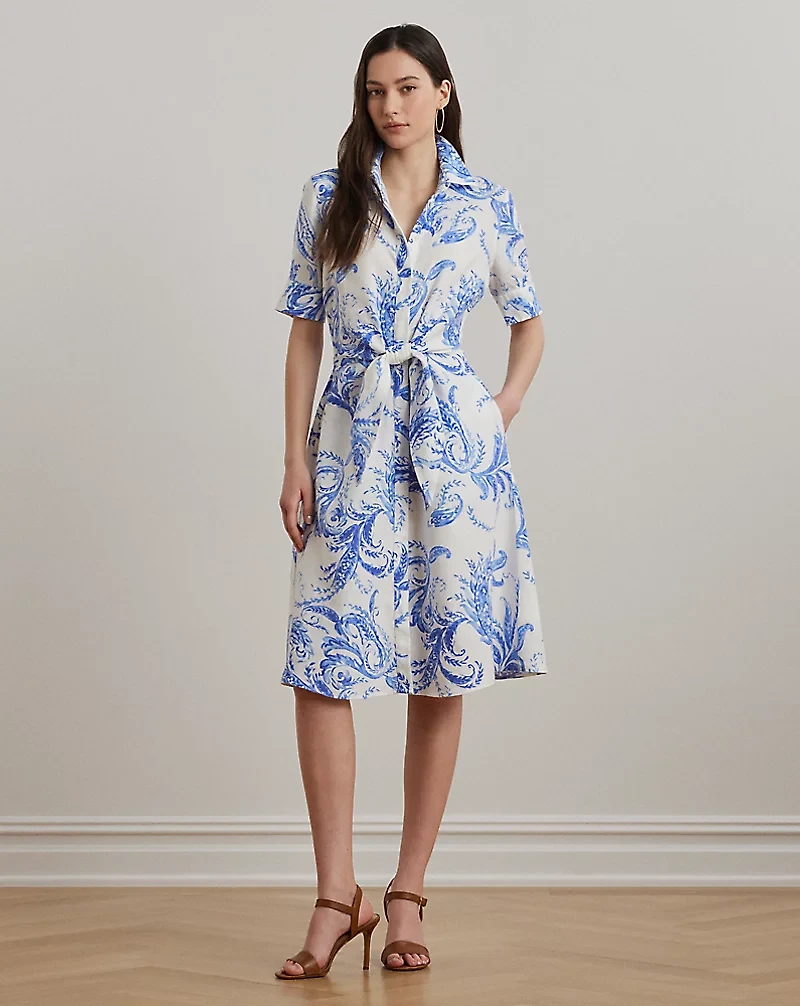 Paisley Tie-Front Linen Shirtdress