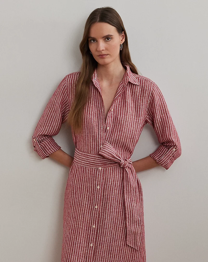 Striped Linen Roll-Tab-Sleeve Shirtdress