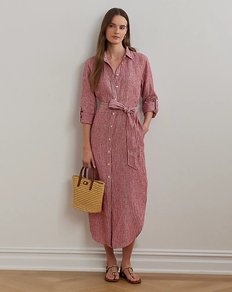 Striped Linen Roll-Tab-Sleeve Shirtdress