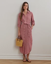 Striped Linen Roll-Tab-Sleeve Shirtdress