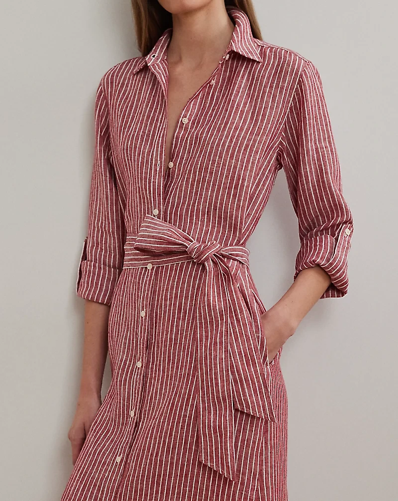 Striped Linen Roll-Tab-Sleeve Shirtdress