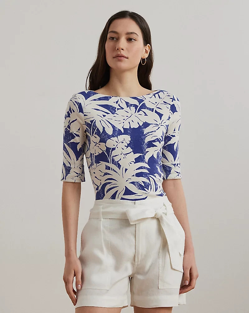 Palm-Frond-Print Cotton Boatneck Tee