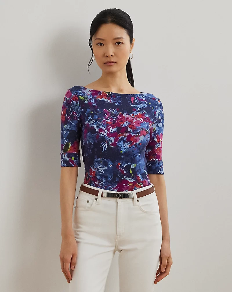 Print Stretch Cotton Boatneck Tee