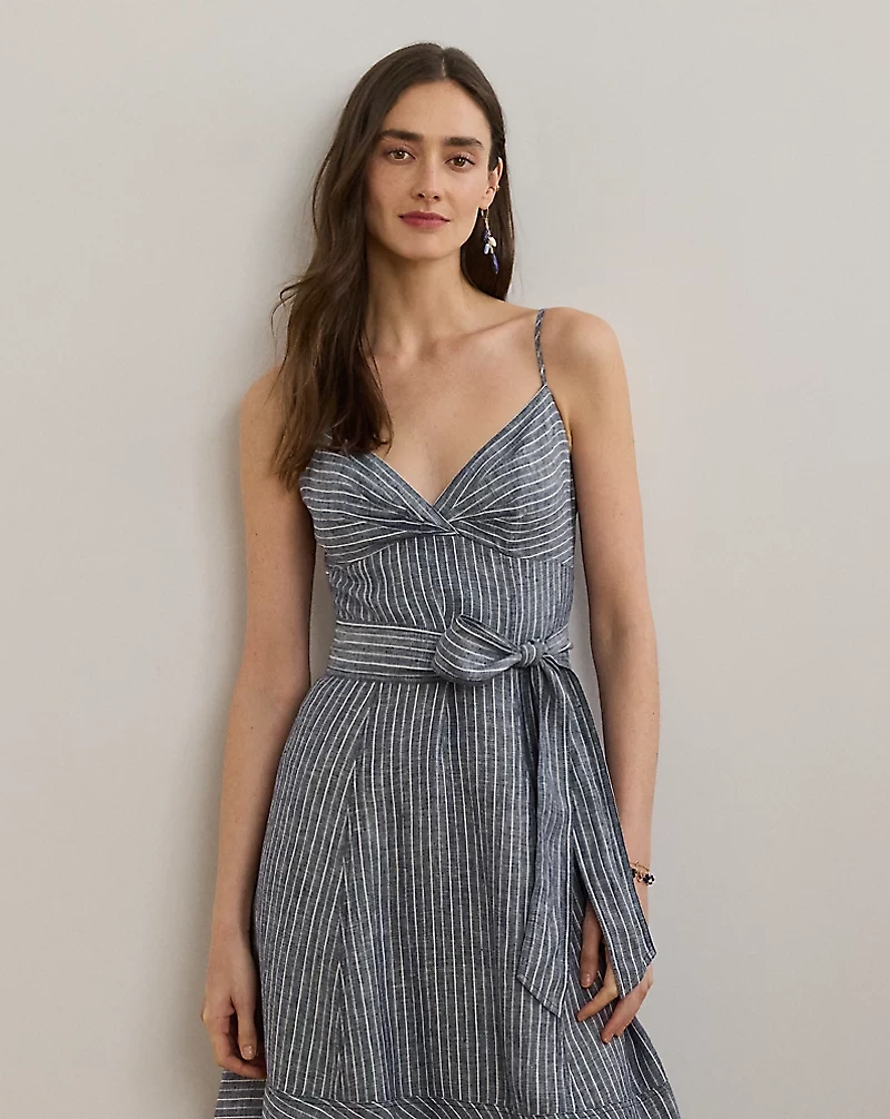 Striped Belted Linen Sleeveless Dress